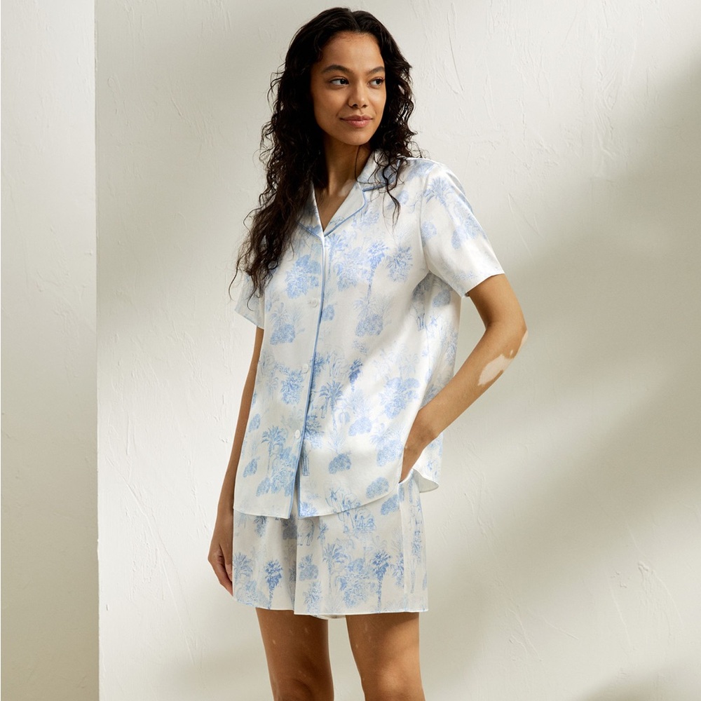Silk Pajama Set - Blue and White - Size Small